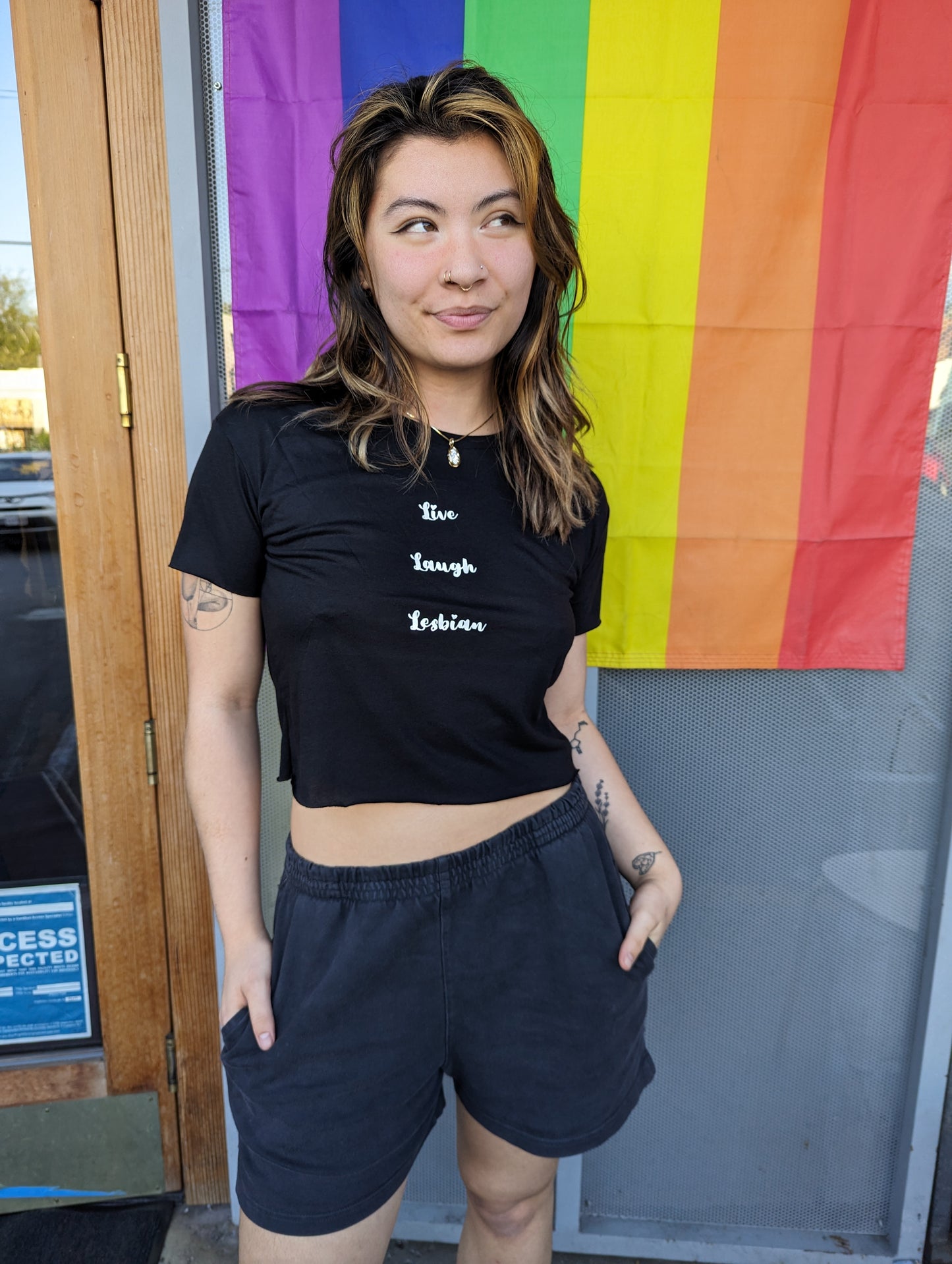 Live Laugh Lesbian Flowy Crop Tee