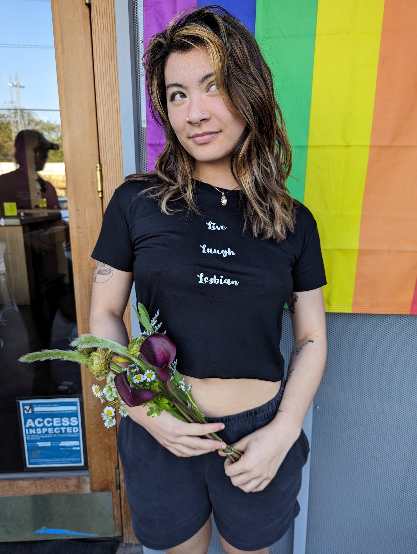 Live Laugh Lesbian Flowy Crop Tee